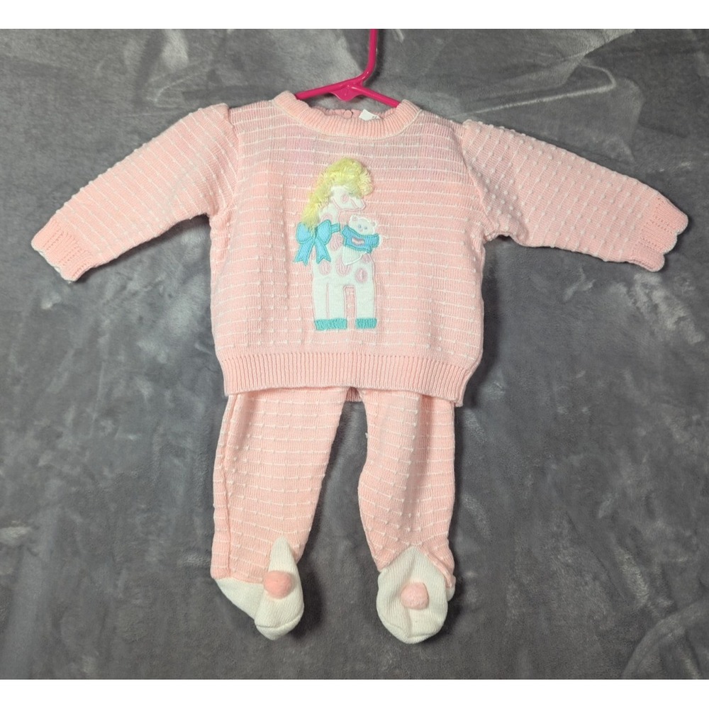 So Cute! Vintage Baby Girls Pink 2pc. Sweater Pant set size 6-9 MO. Giraffe Bear